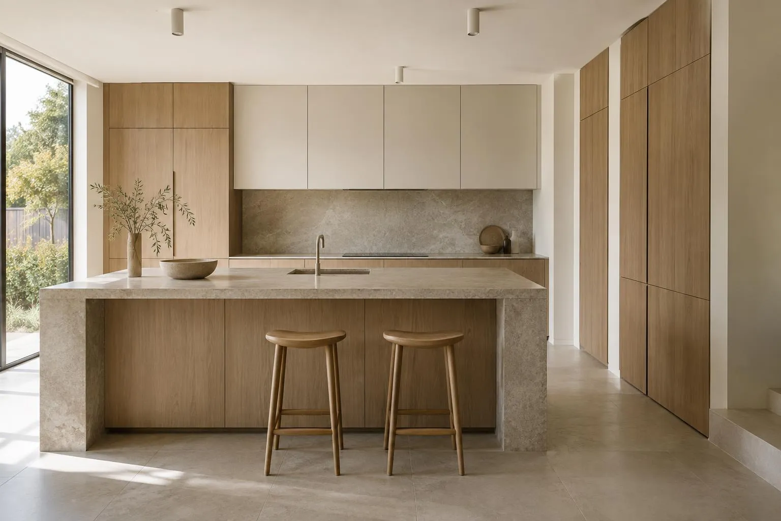 Cozinha planejada contemporânea em madeira com ilha e bancada de pedra em Campo Grande